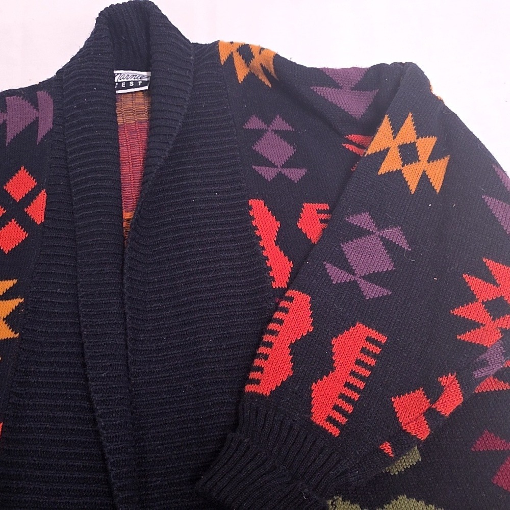 Vtg Marnie West Cardigan Wms One Sz Black Southwestern Geometric Duster Sweater
